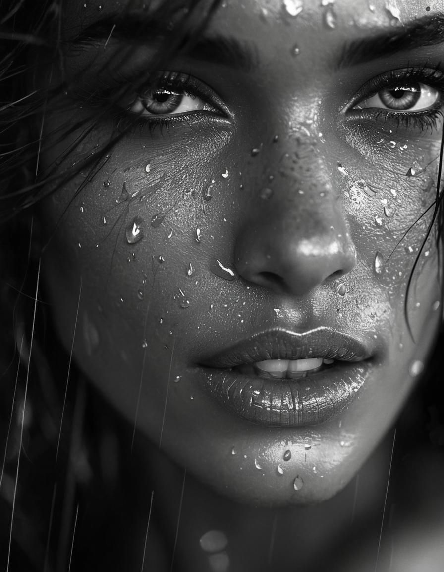 Monochrome Portrait of Model in Hyperrealistic Rain