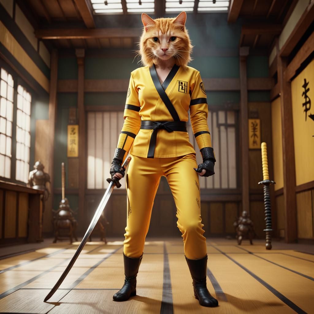 Kill Bill cat with katana sword in a dojo