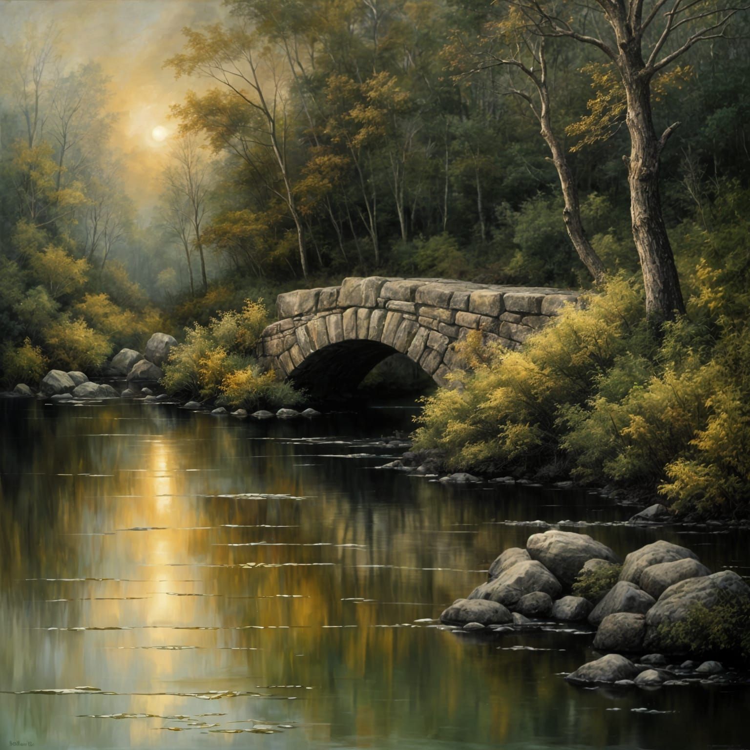 Romantic Tonalist Landscape Painting of Ancient Bridge and F...