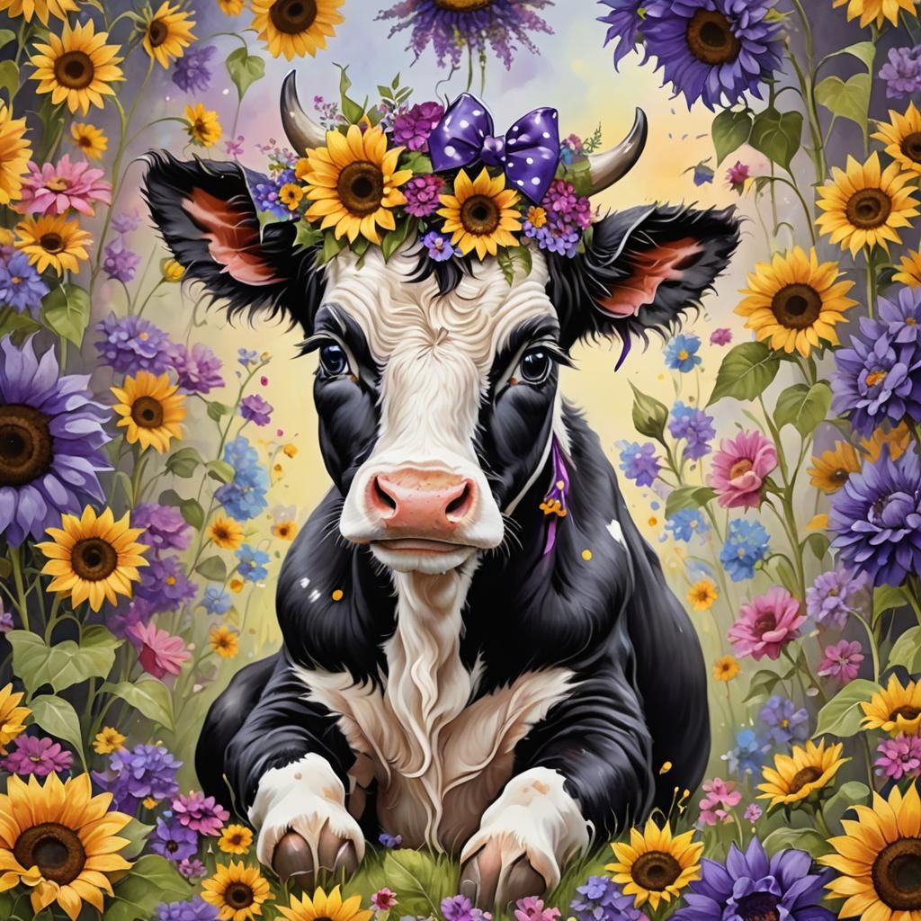 Cute Cow Calf with Flowers, Hyperdetailed Fantasy Art