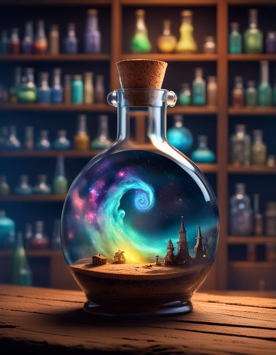 Galaxy Nebula in Flask on Desk: Photorealistic Render