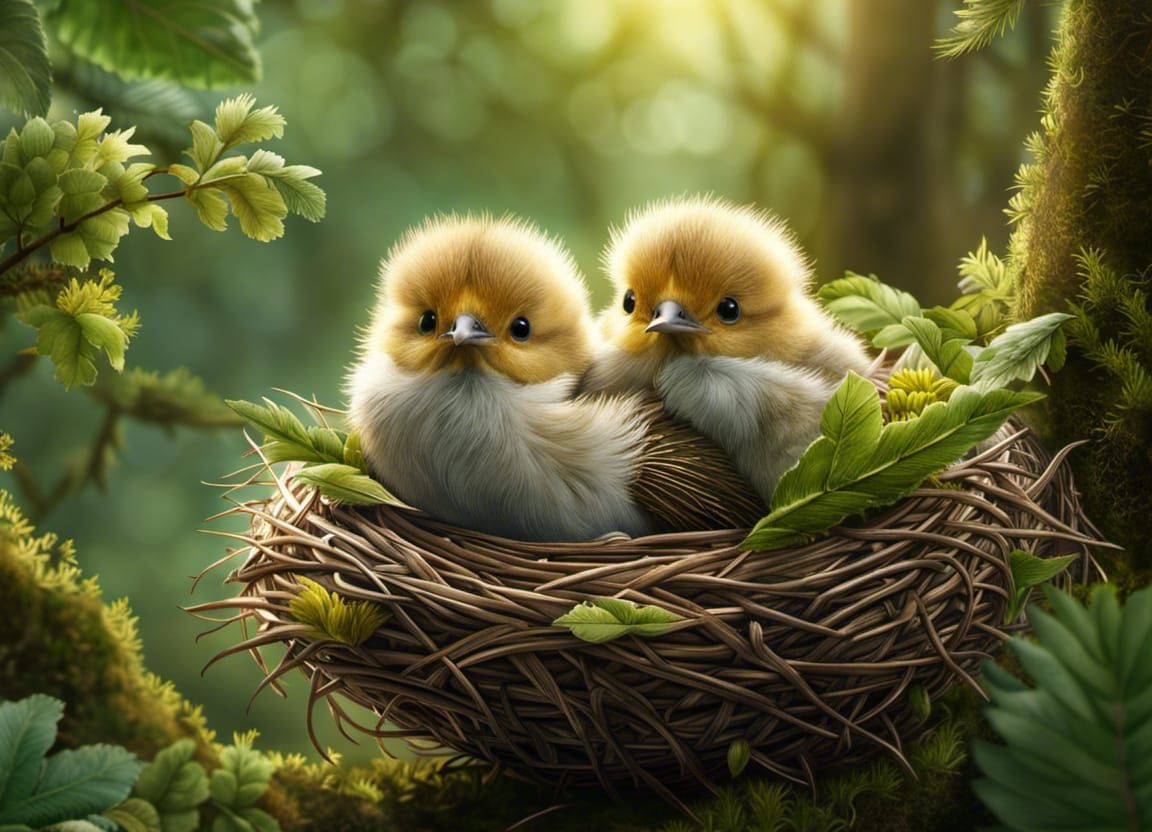 Adorable Baby Birds Portrait in Lush Forest