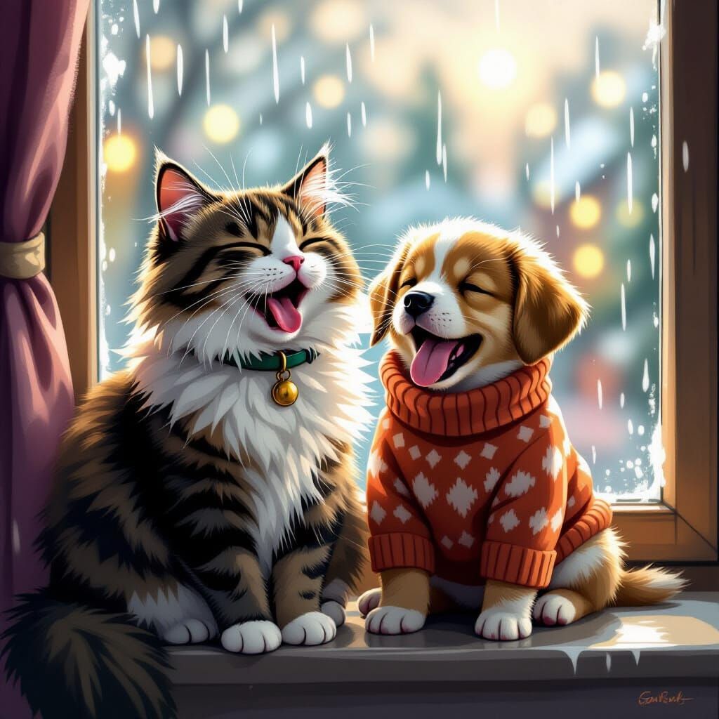Sleepy Cat and Puppy on Rainy Windowsill: Hyper-Realistic Ar...