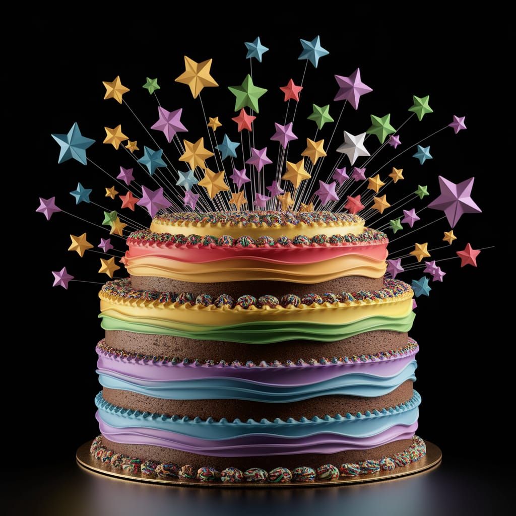 Colorful 3D Cake with Bursting Star Decorations