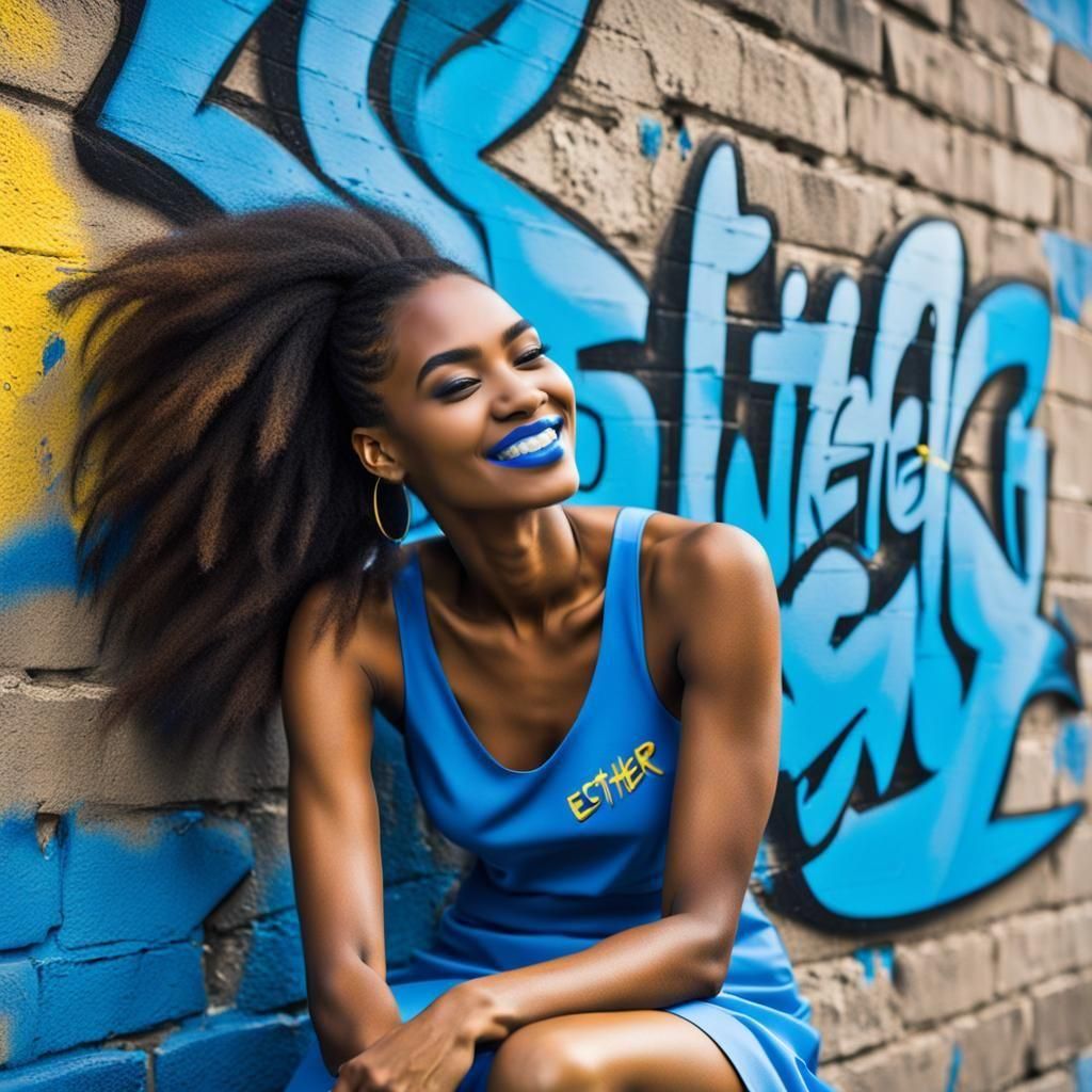 Girl in Blue Dress Next to City Wall