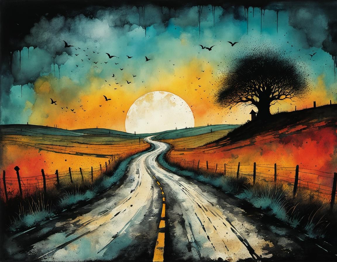 Fantasy Road Illustration in Antique Watercolor Style
