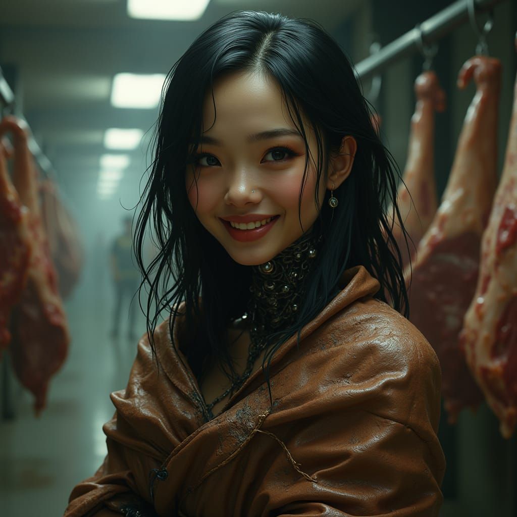 Happy Cyborg with Skin Shawl in Cyberpunk Style