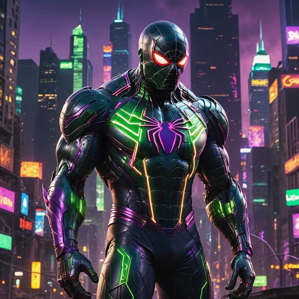 Spiderman in Hulk Cyborg Suit, Neon Cityscape