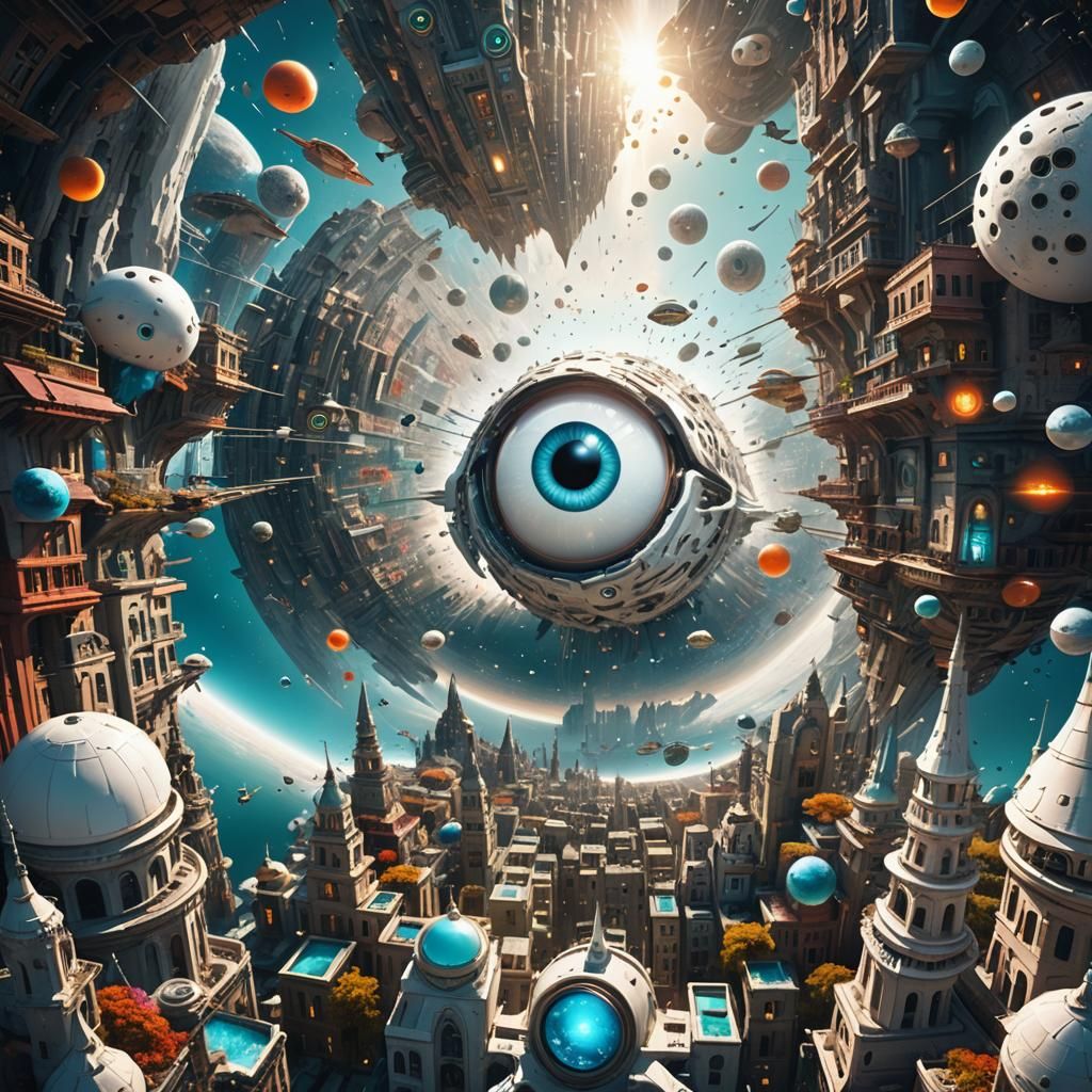 Eye-Shaped City in Space: A Surreal Digital Painting