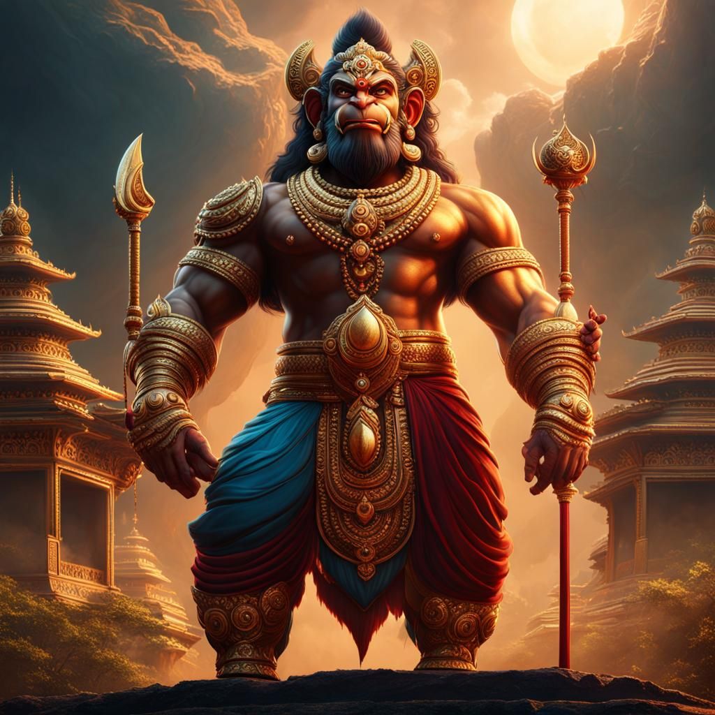 Detailed Matte Painting of Hanuman in Fantasy Art Style