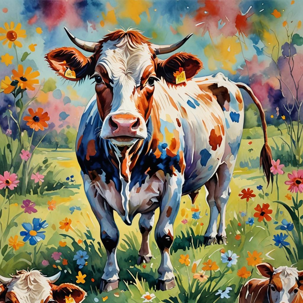 Impressionist Cow in Gouache Style