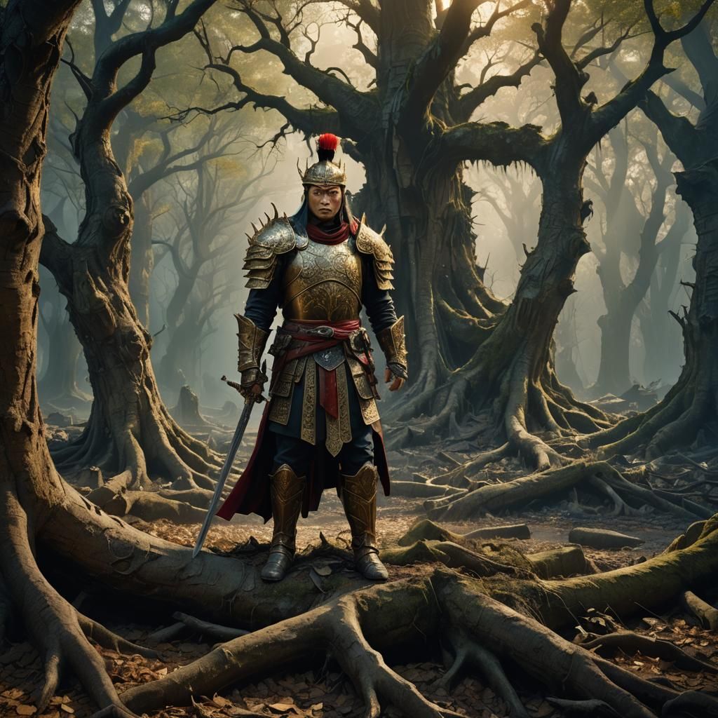Regal Warrior in Mystical Forest, Fantasy Digital Art