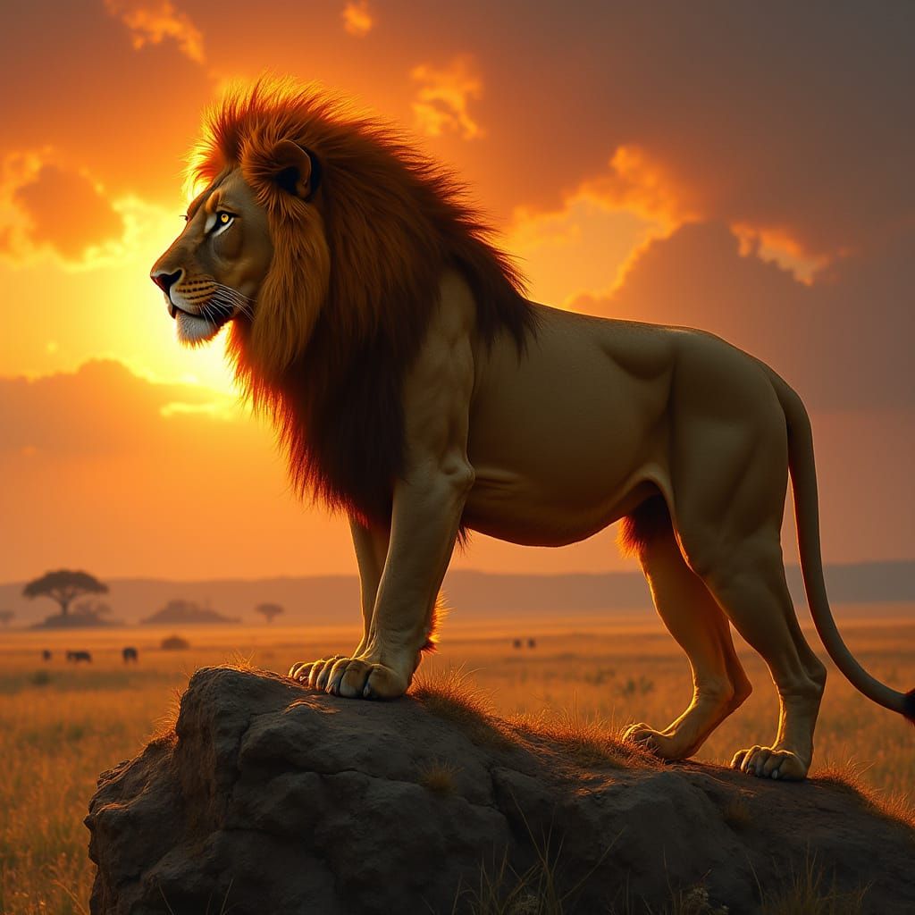 Lion with Fiery Mane at Sunset: Renaissance Style