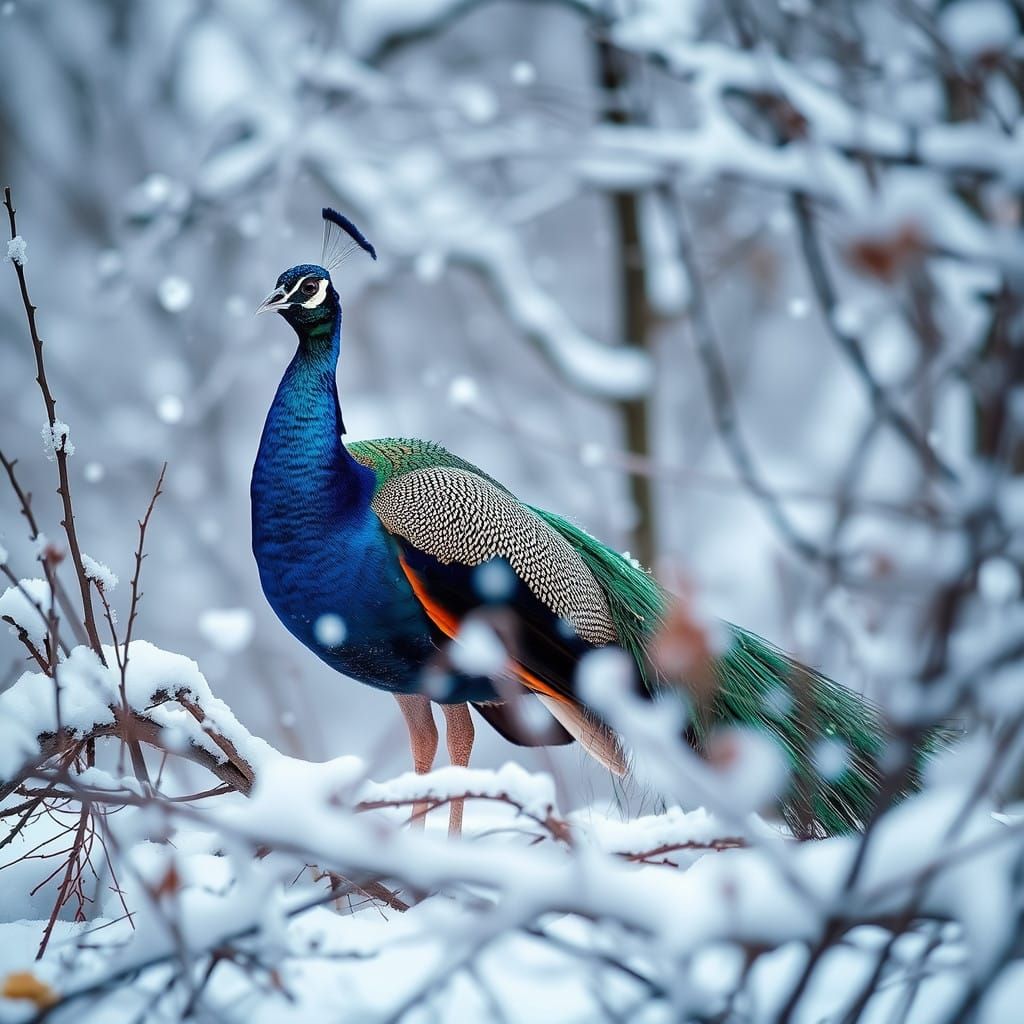 Vibrant Peacock Stands in Winter Wonderland