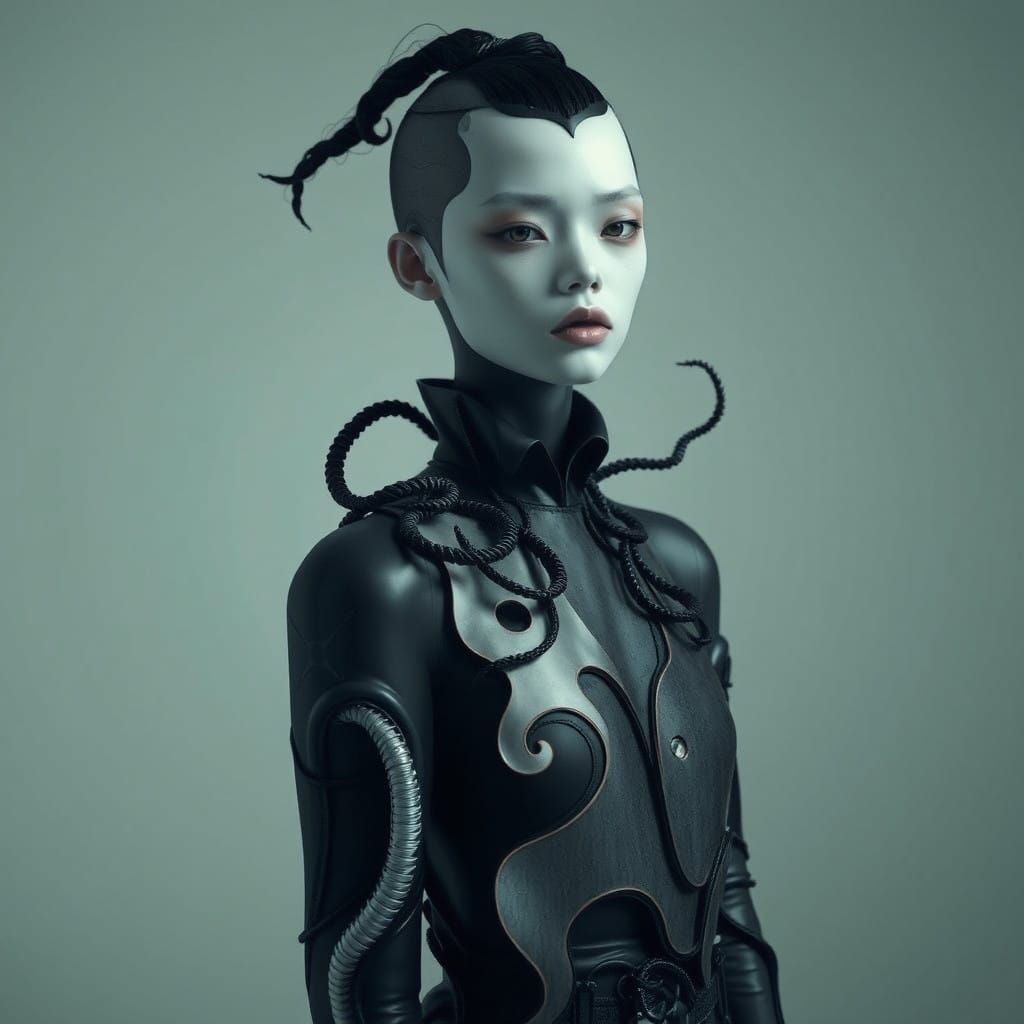 Surreal Dark Fashion Model in Abstract Biomorphism