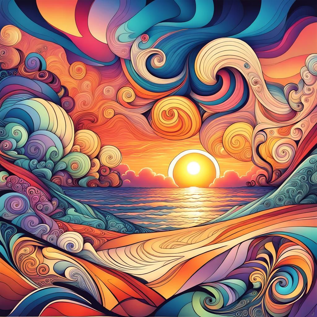 Colorful Zentangle Swirls in Surreal Sunset Sky