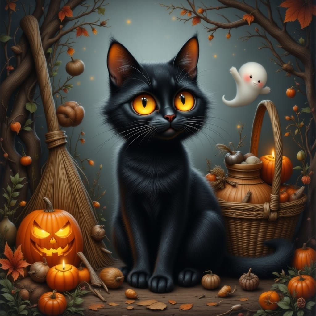 Whimsical Halloween Still Life with Black Cat and Pumpkin