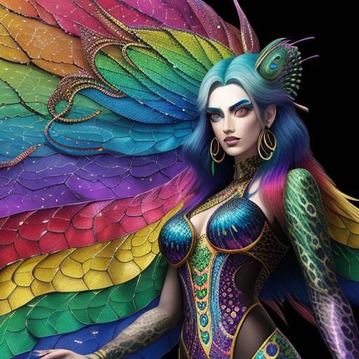 Woman with Rainbow Dragon Scales in Cosmic Art