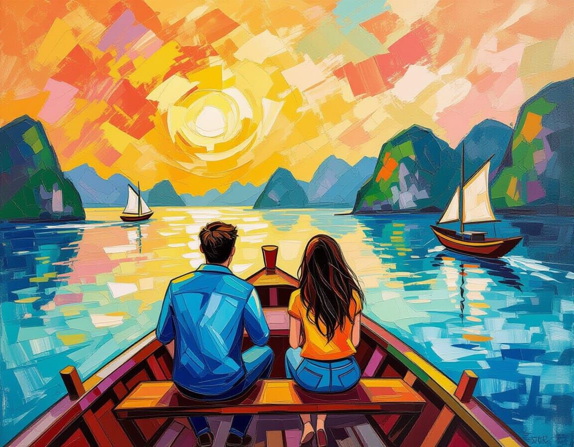 Couple's Boat Trip in Ha Long Bay: Abstract Expressionism