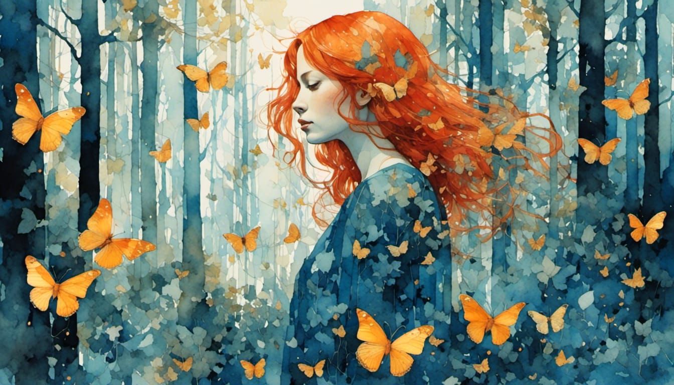 Serene Watercolor: Red-Haired Girl in Blue Forest