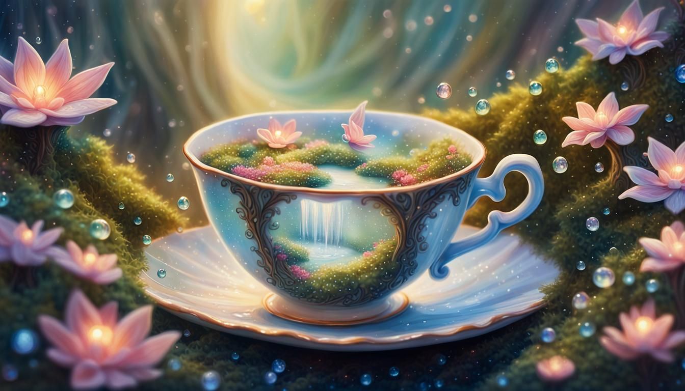 Teacup Fairy Tale World in Oil Painting Style