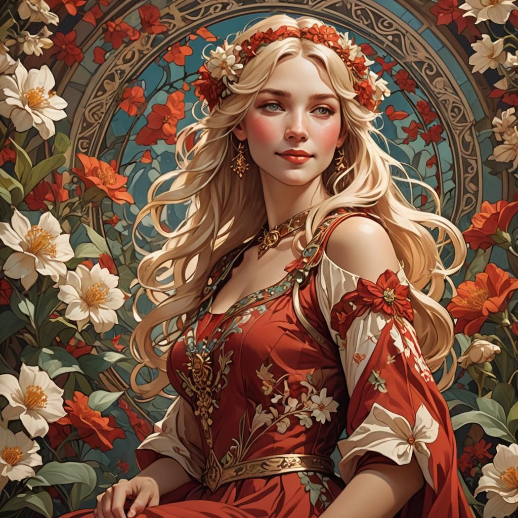 Girl in Red Dress, Alphonse Mucha Style