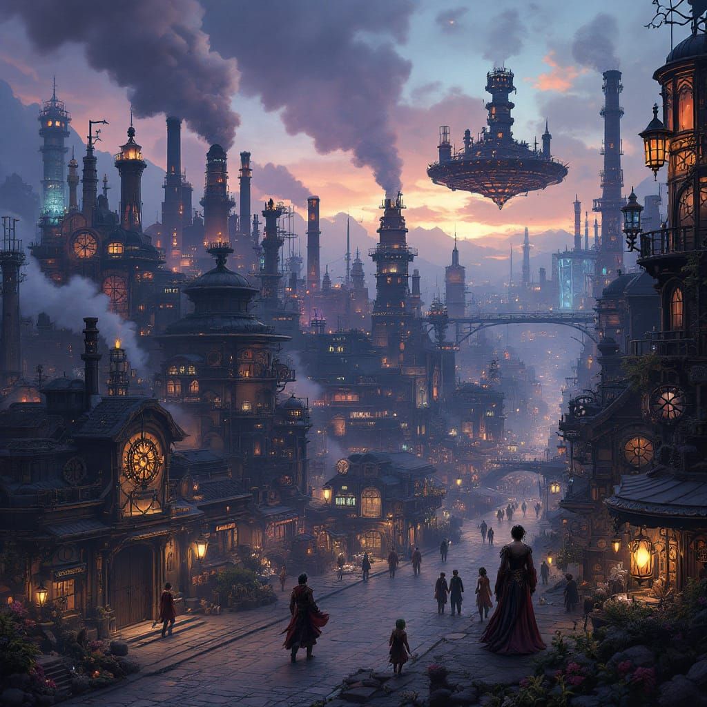 Steampunk City at Dusk with Floating Refineries