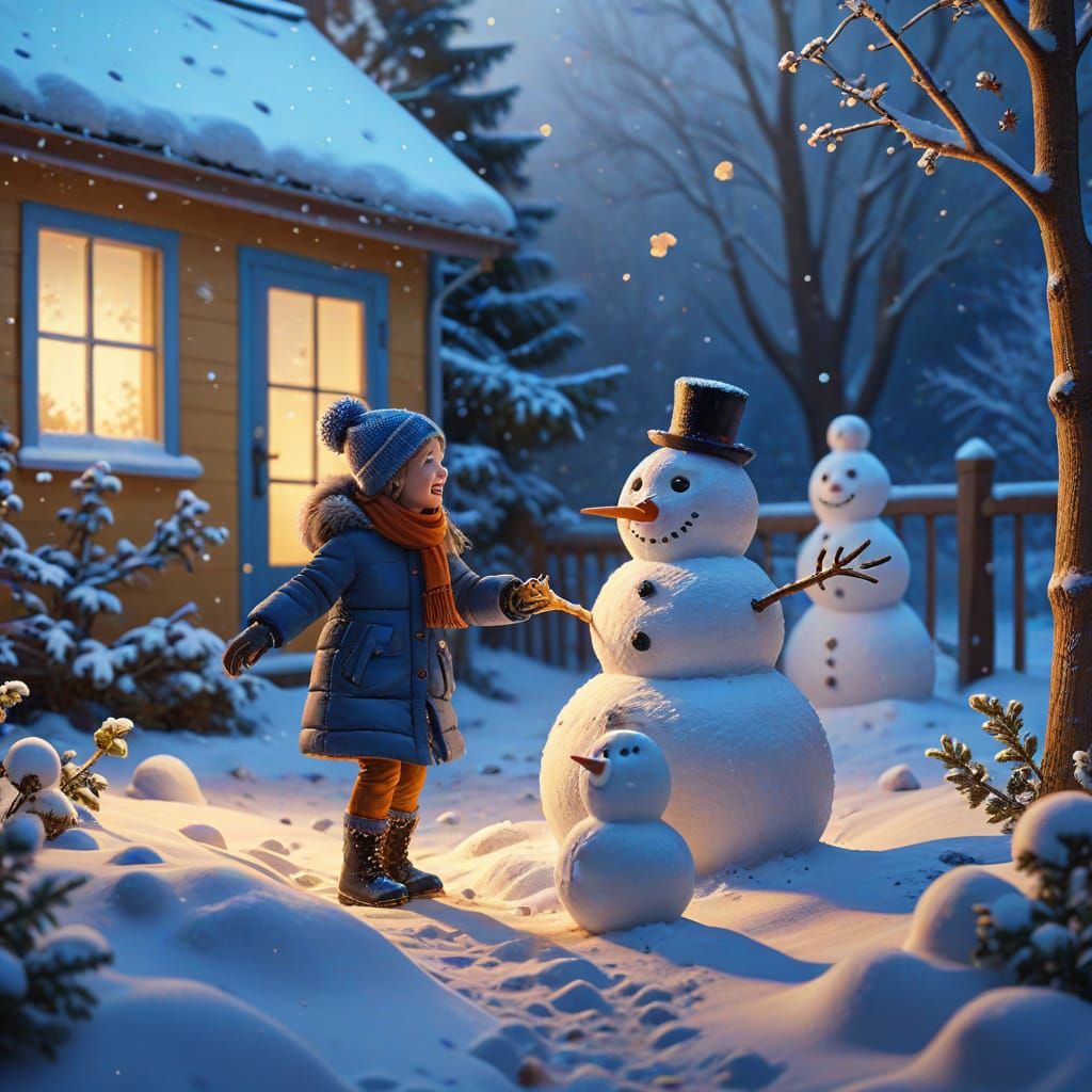 Children Play in Snowy Backyard with Snowmen, Golden Hour Li...
