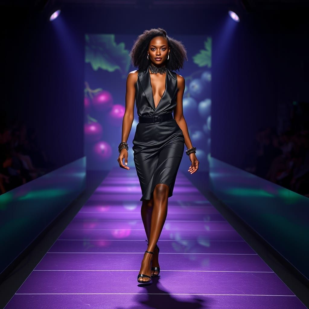 Sleek Black Runway Model Embracing Luxurious Purple Hues