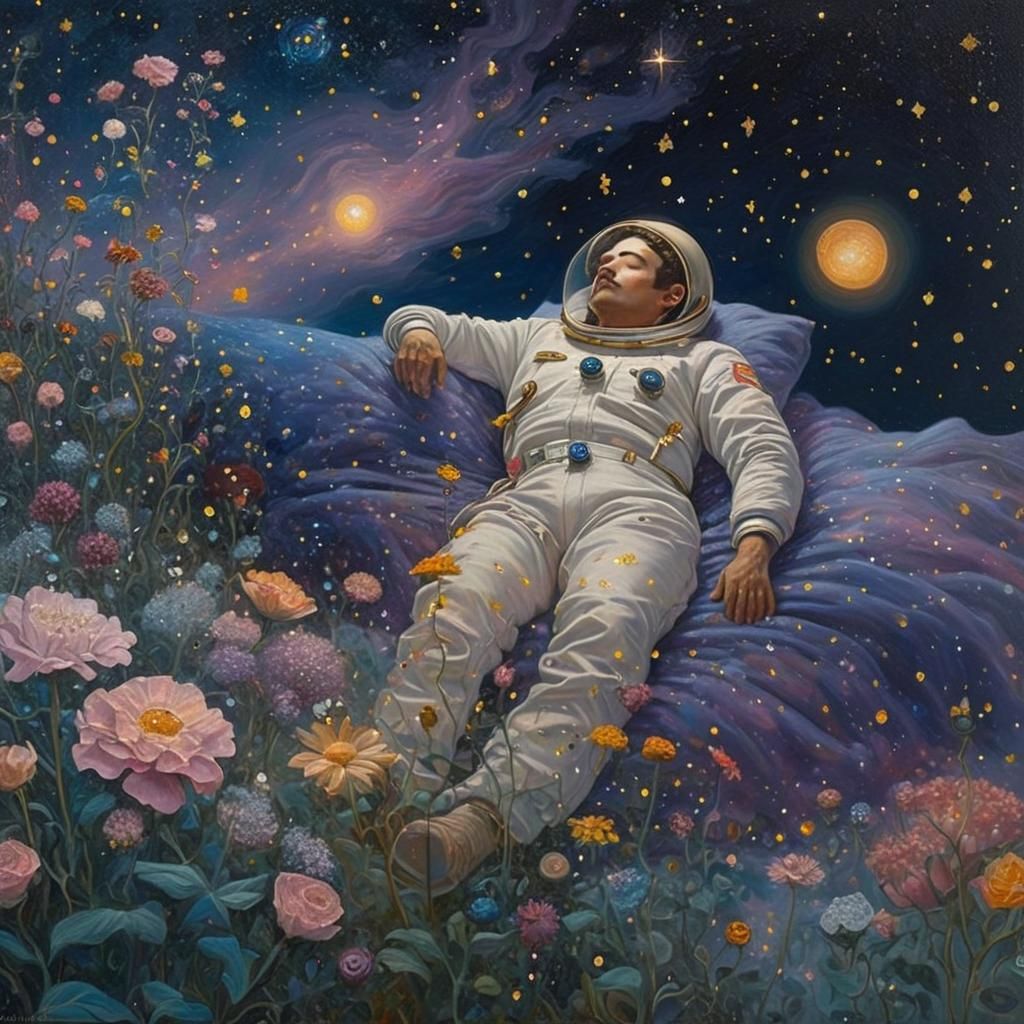 Astronaut Asleep in a Klimt-Inspired Starry Sky