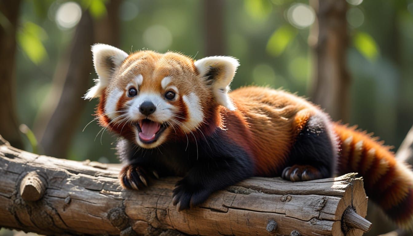 Adorable Red Panda Cub Lounging on a Log