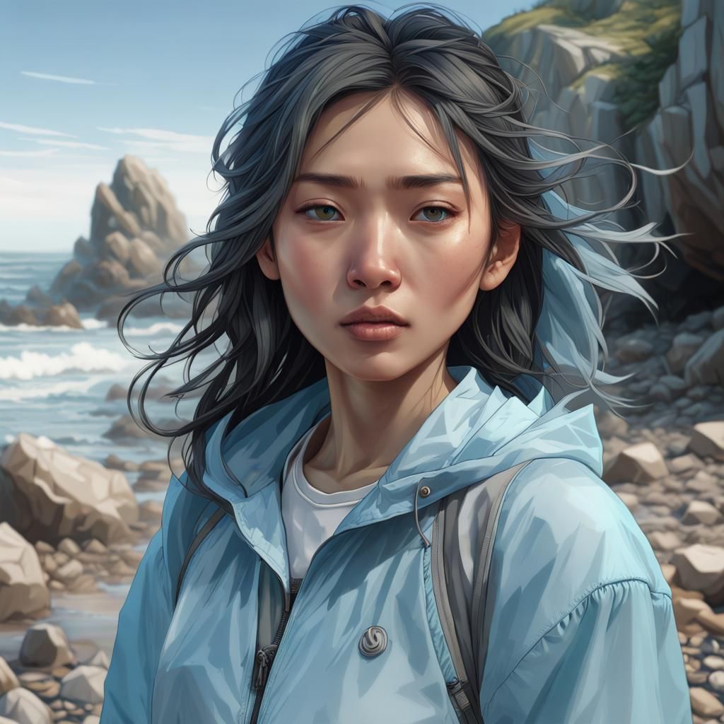 Asian Woman Portrait on Rocky Beach, Hyperdetailed Art