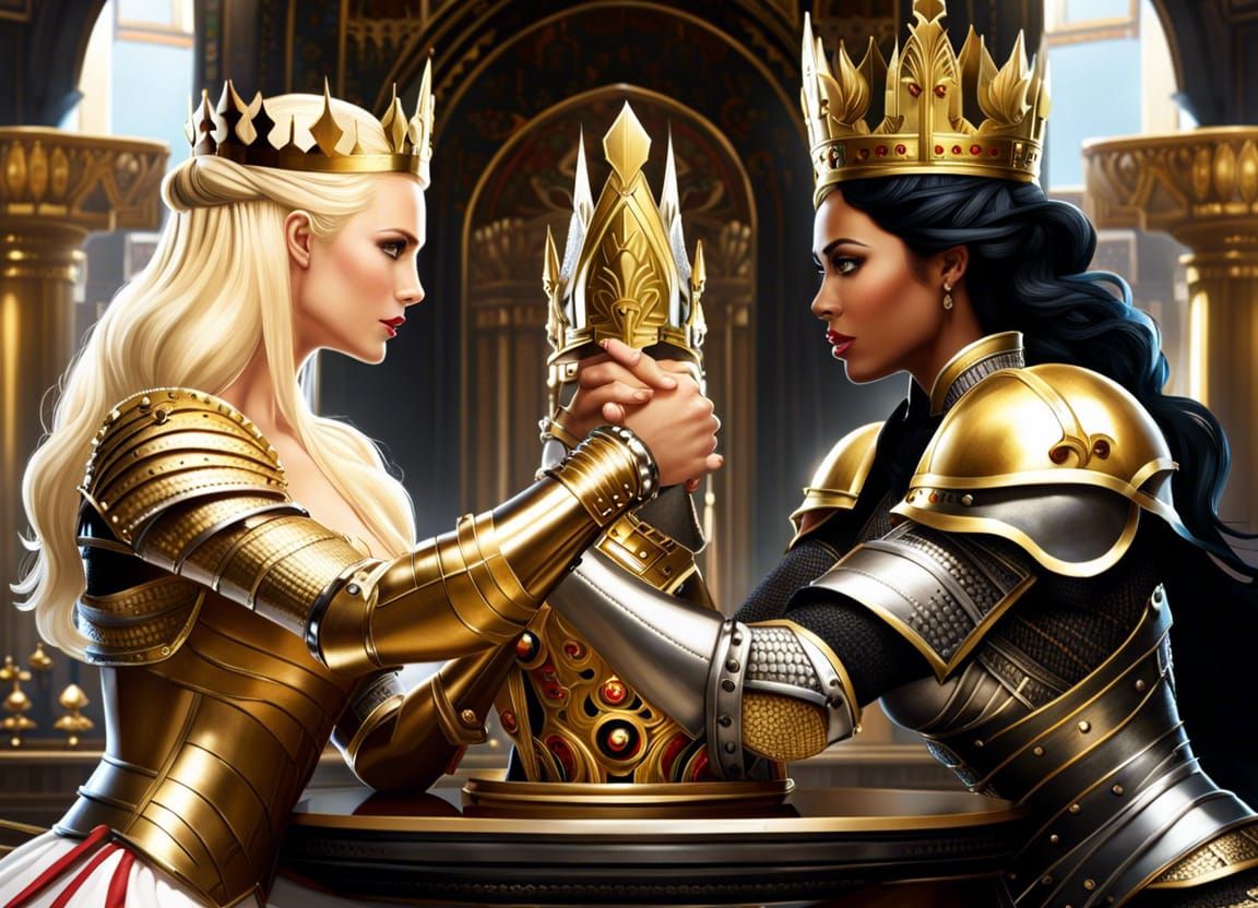 Queens Arm Wrestling in Golden Palace: Hyperrealistic Art