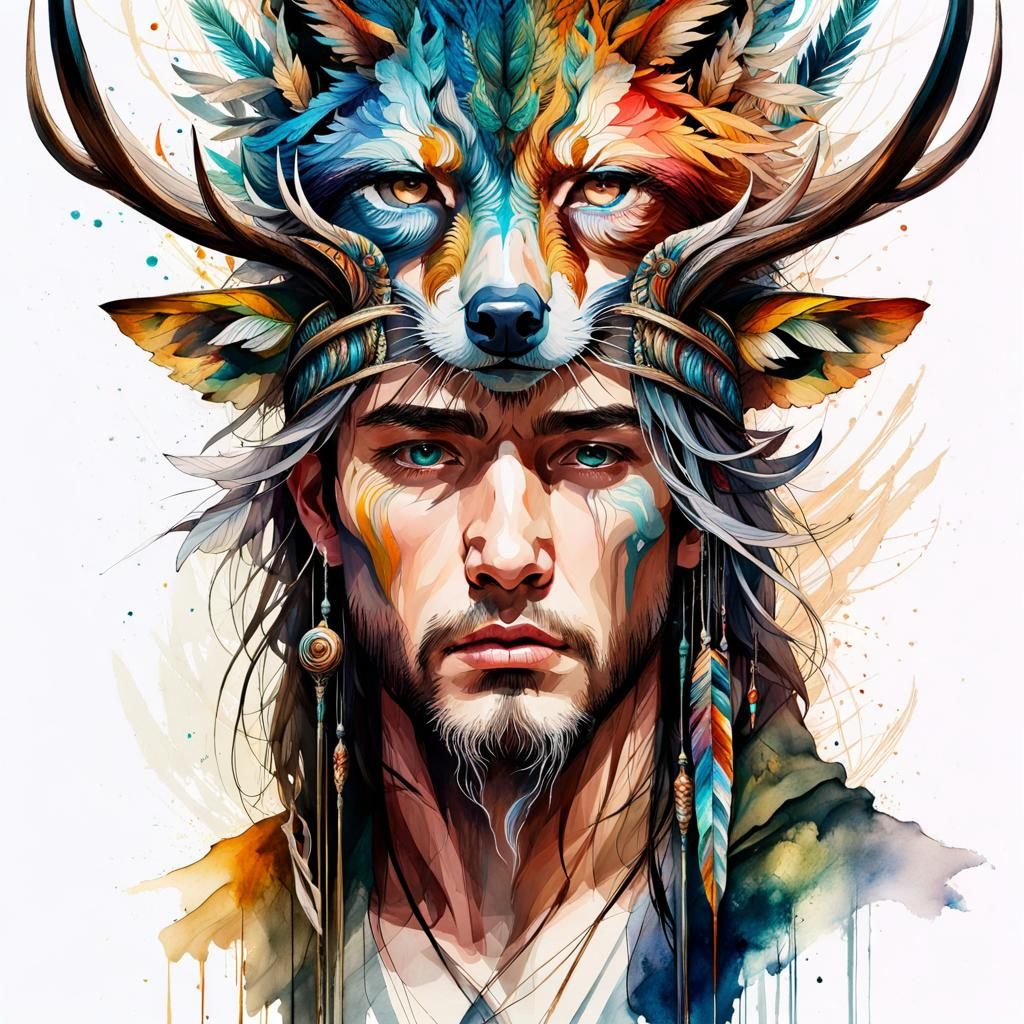 Druid and Animal Totem in Watercolor Style