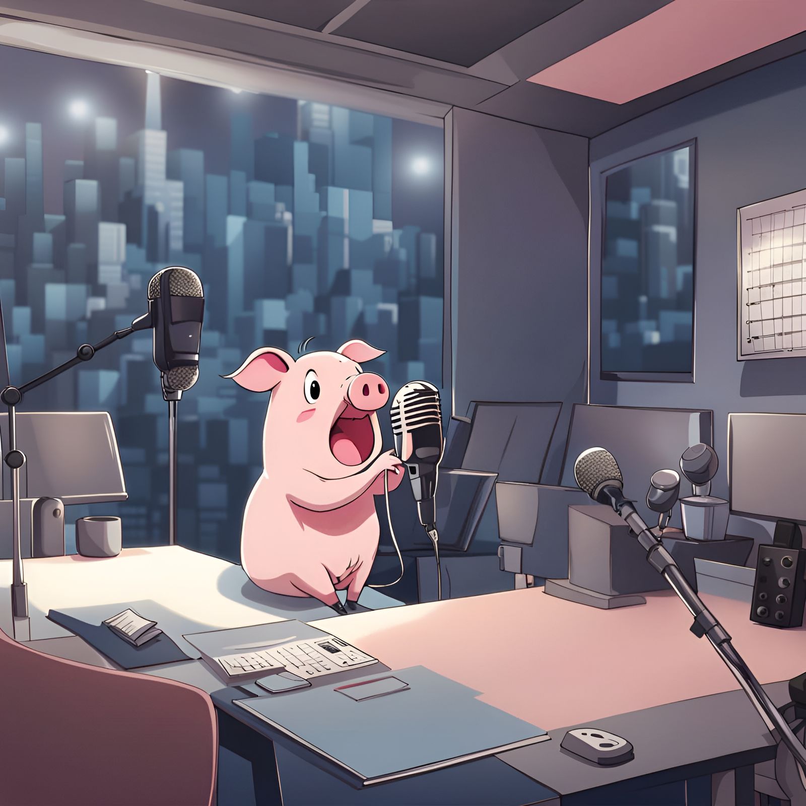 A pig taking into a microphone in a sound studio the microphone is in front of the pig