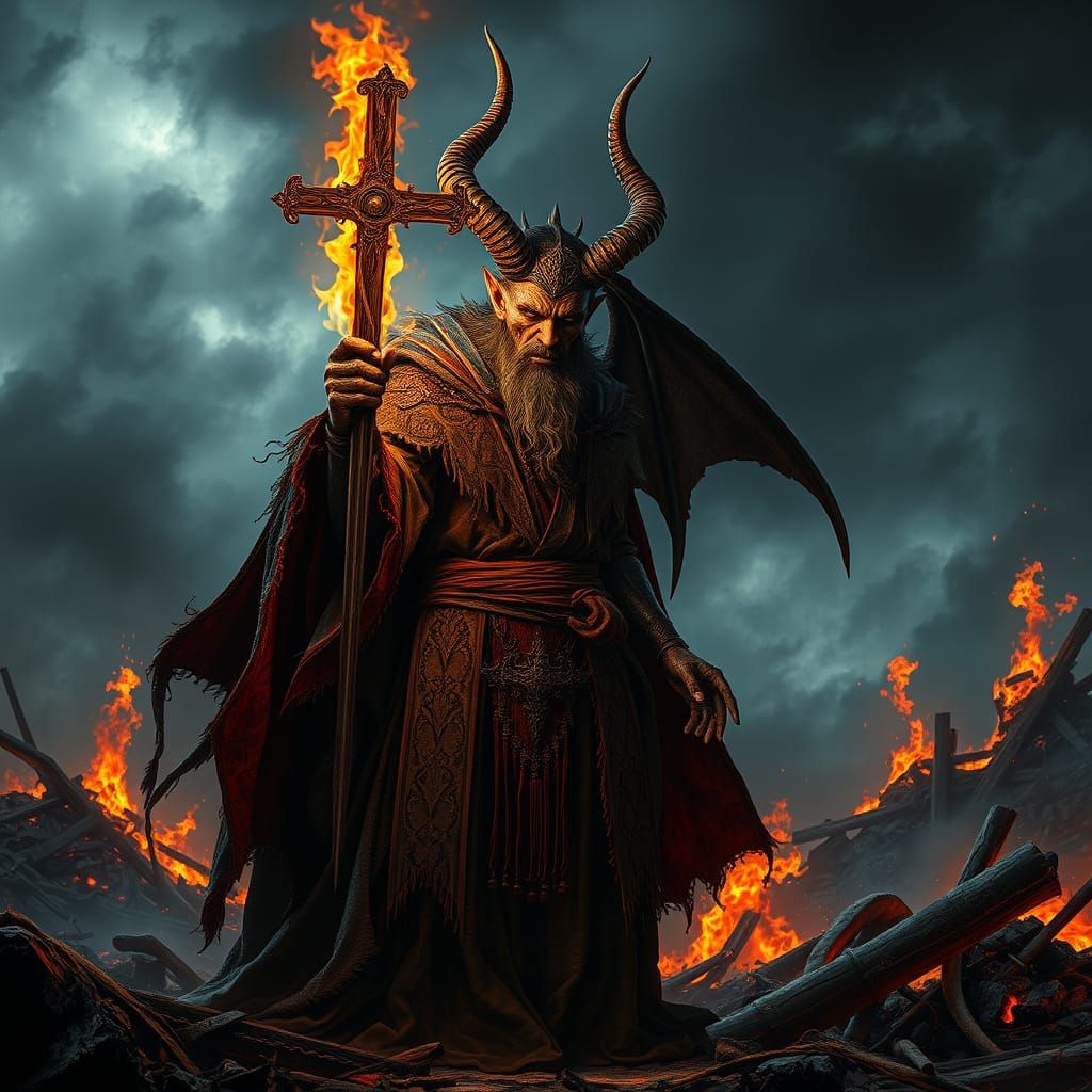 Satan with Flaming Cross in Hellscape
