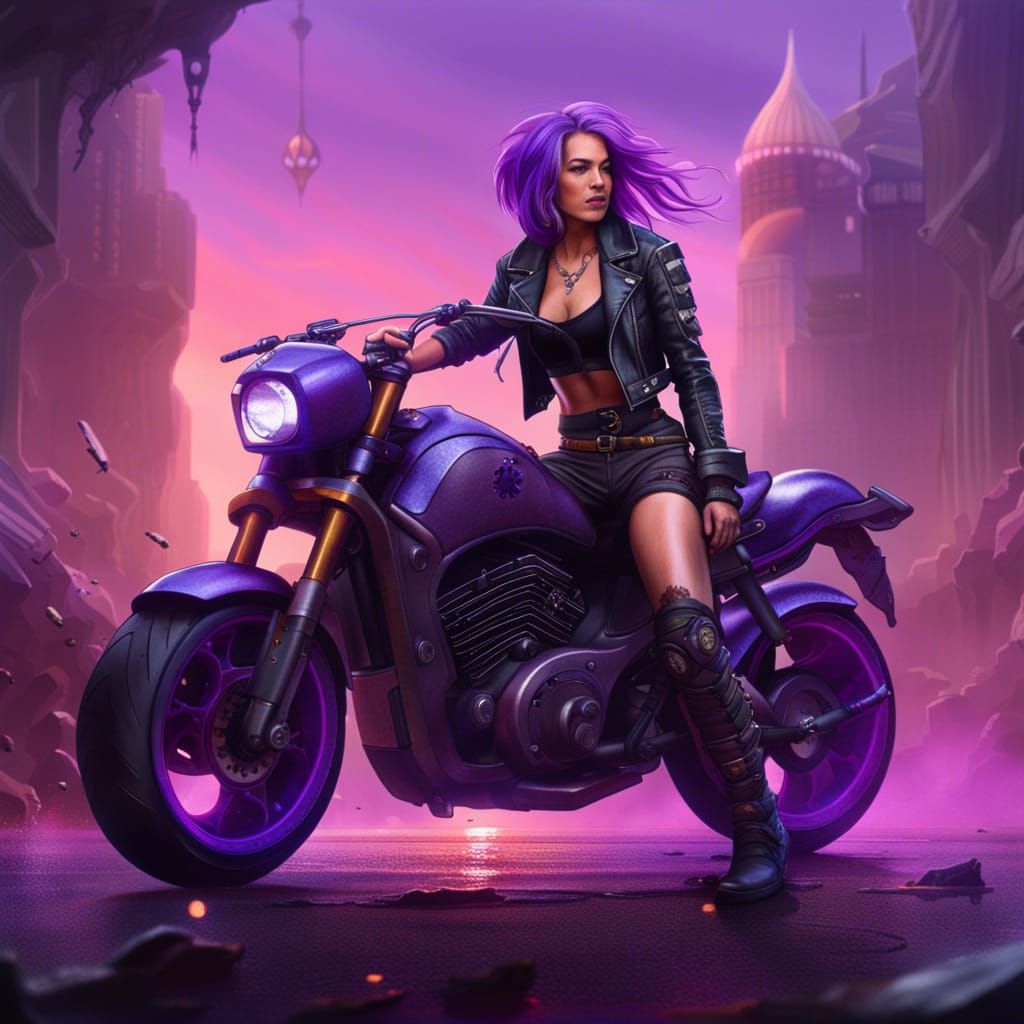 Purple-Haired Biker Woman on Power Bike