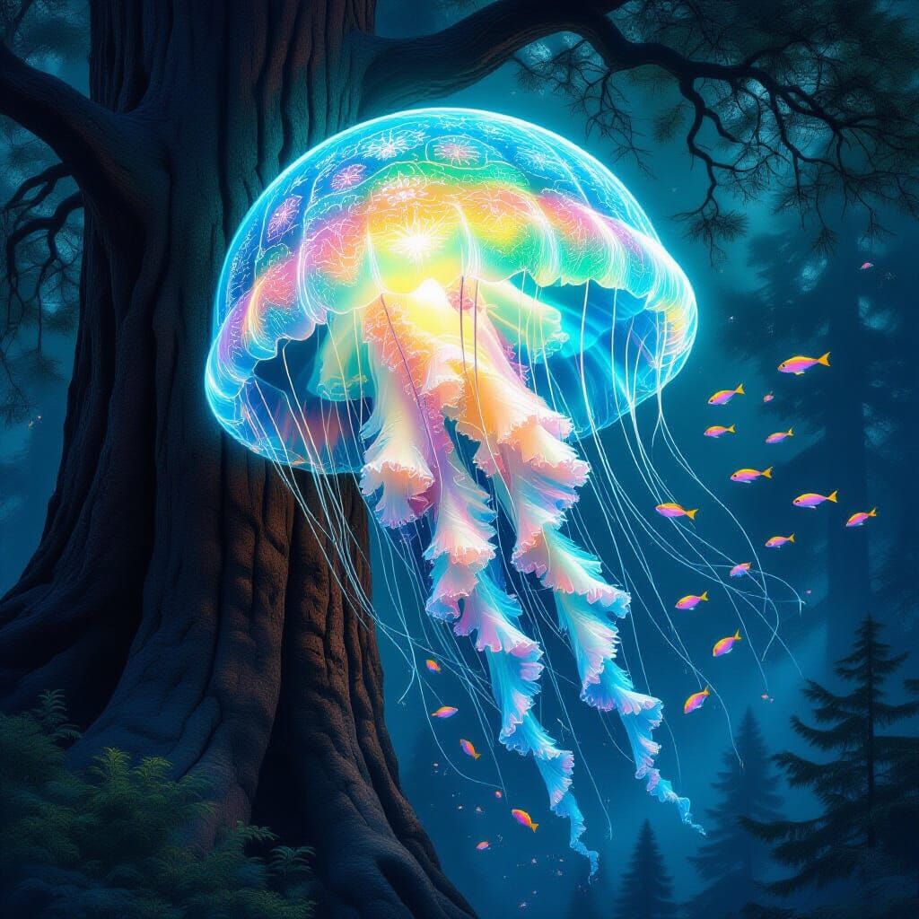 Bioluminescent Jellyfish Floats Through Ancient Sequoia