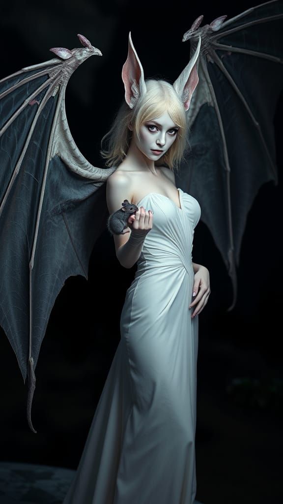 Albino Woman with Bat Wings and Mouse