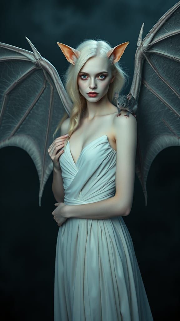 Albino Woman with Bat Wings and Mouse, Cinematic Style