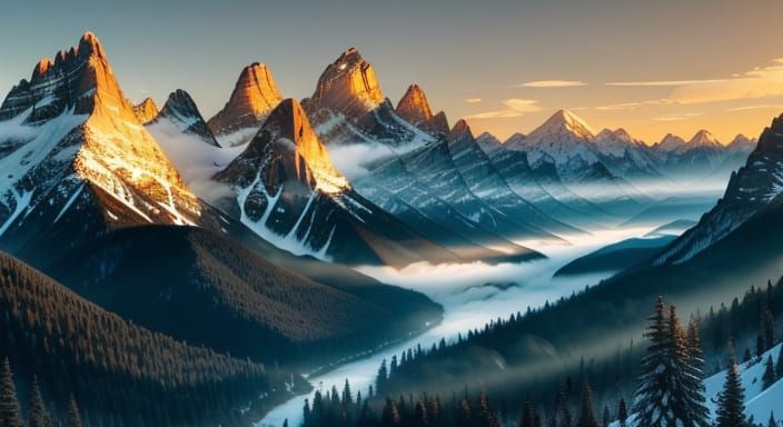 Serene Mountain Valley at Dawn Digital Matte Painting