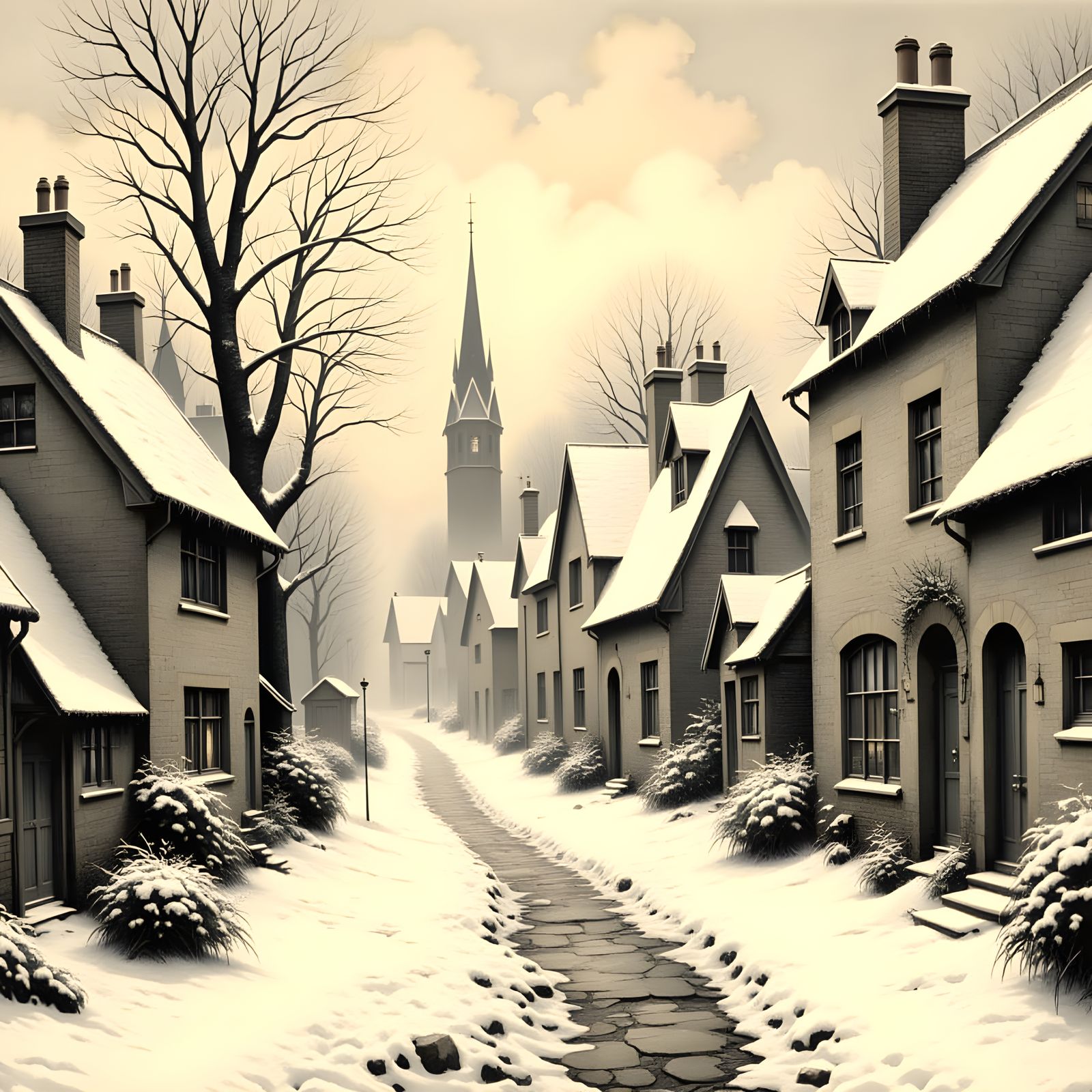 Snowy Village Lane in Winter Postcard Style
