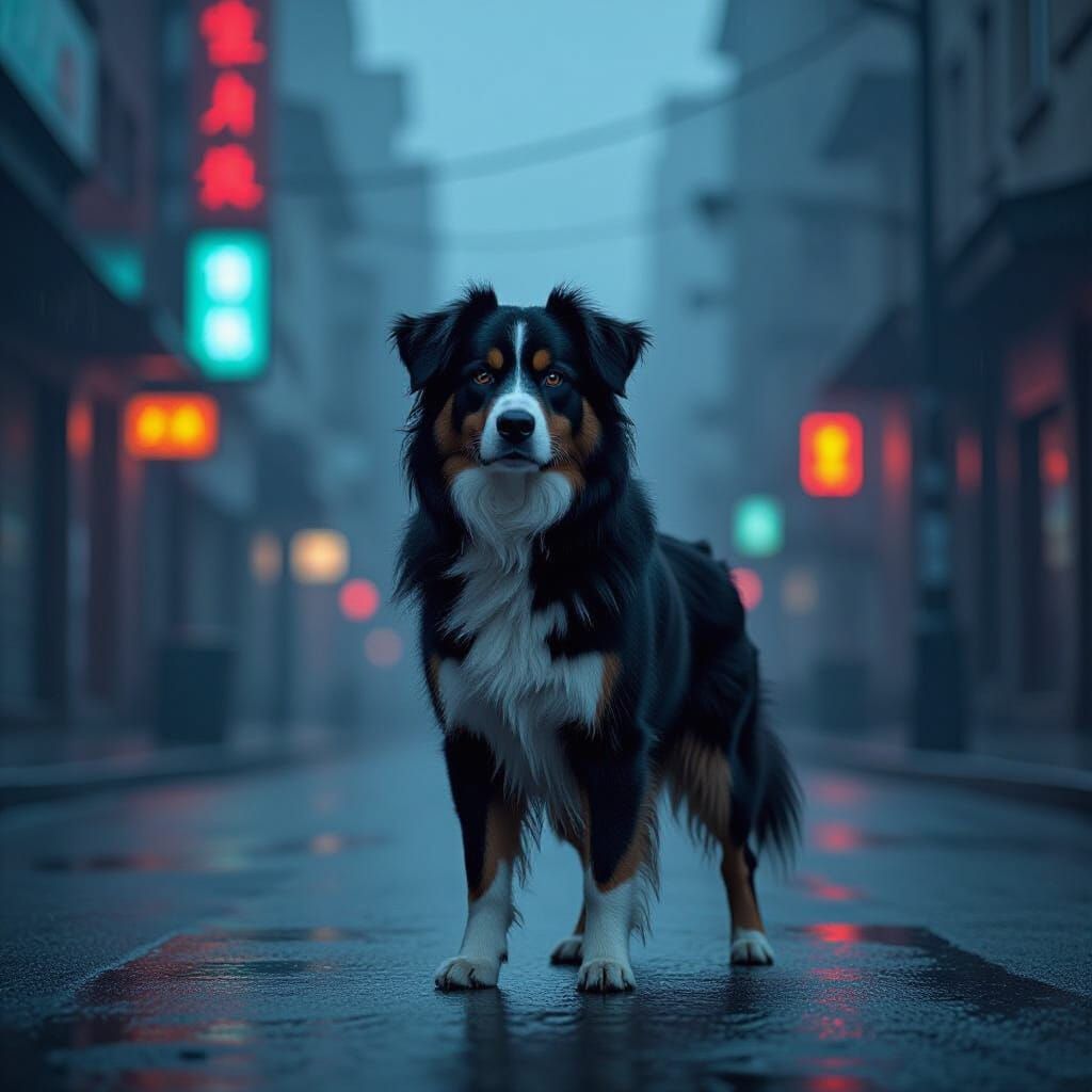 Mioritic Shepherd Dog in Futuristic Noir Cityscape