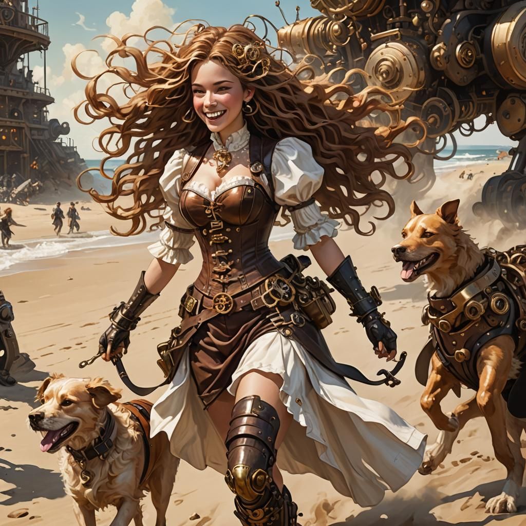 Steampunk Robot and Girl on Sunny Beach
