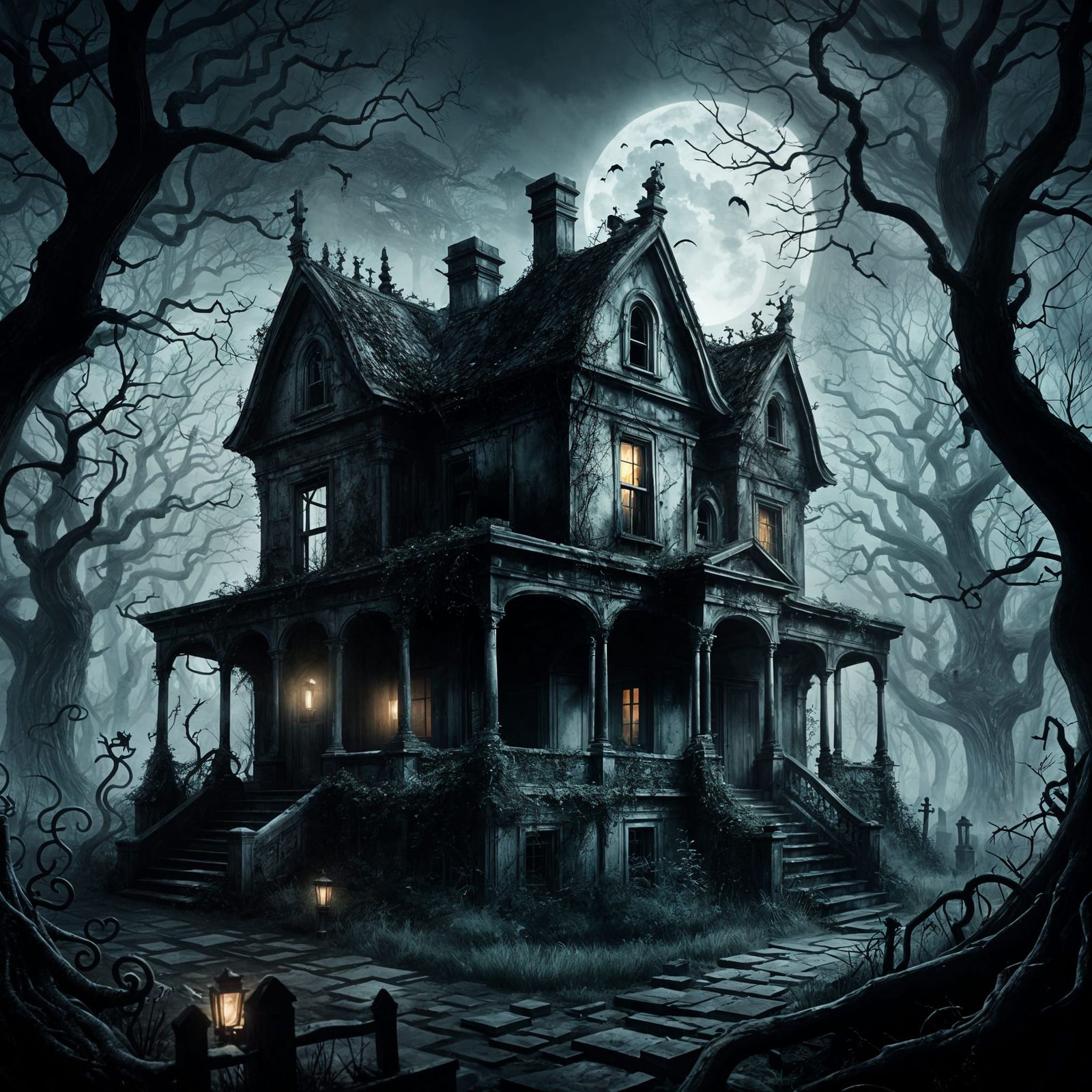 Spooky Abandoned House with Graveyard in Mist