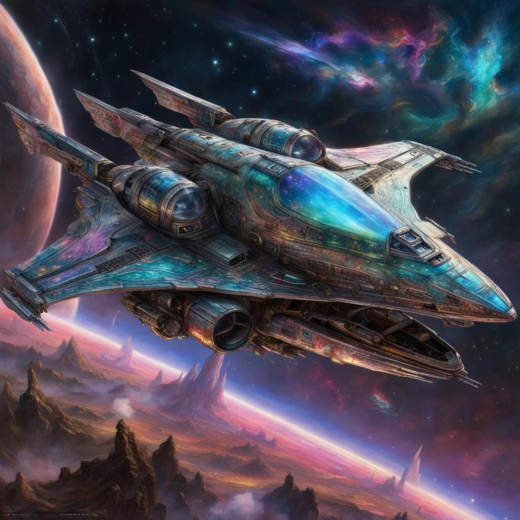 Symmetrical Starship with Iridescent Wings in Nebula
