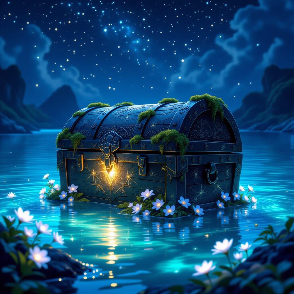Bioluminescent Lagoon Stone Chest: Detailed Matte Painting
