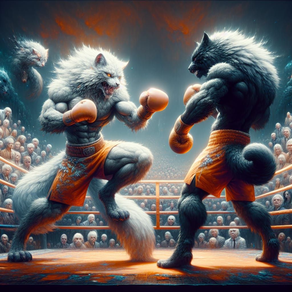 Anthropomorphic Cats Boxing in Fantasy Matte Painting
