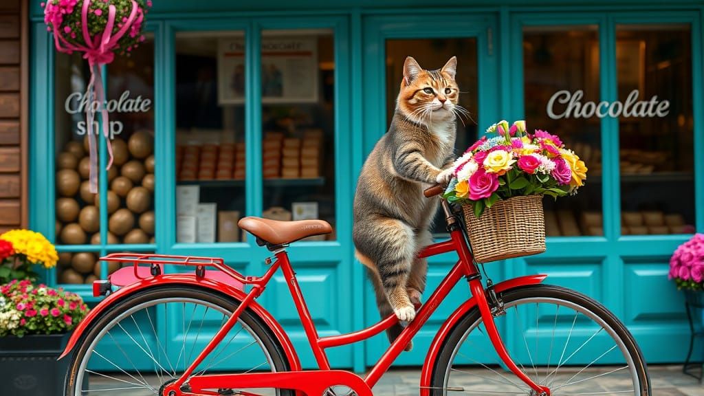 Whimsical Cat Cycling Past a Chocolate Shop