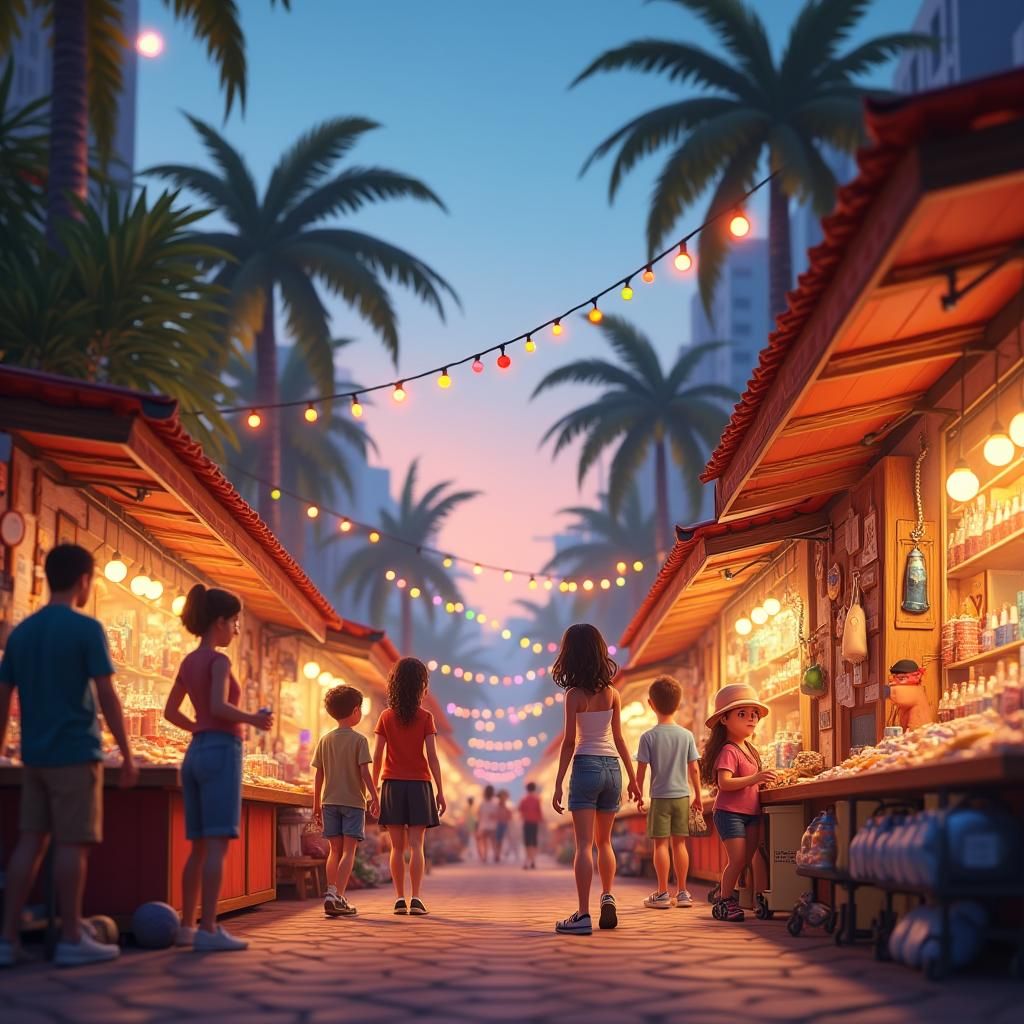 Vibrant Rio Craft Fair in Pixar Animation Style